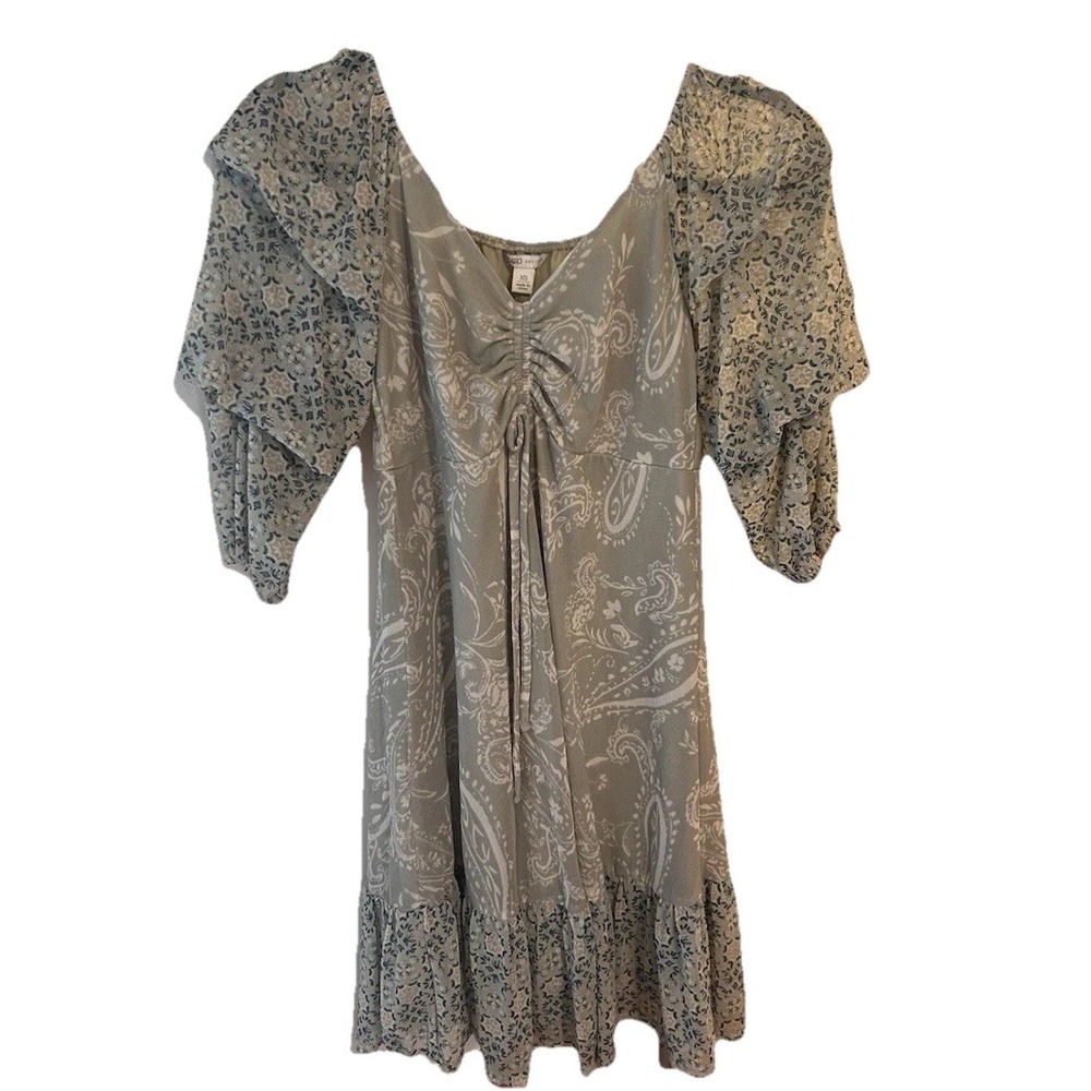 Women's Ruffle Dress XS Green Boho Fairy Y2K Cottage Core Baby doll Mixed Print - Picture 6 of 10